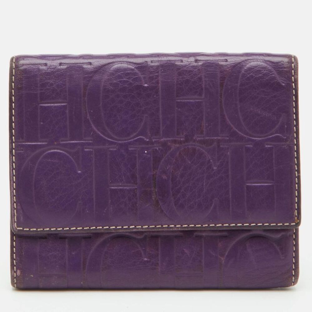 Ch Carolina Herrera Purple Monogram Embossed Leather Compact Wallet